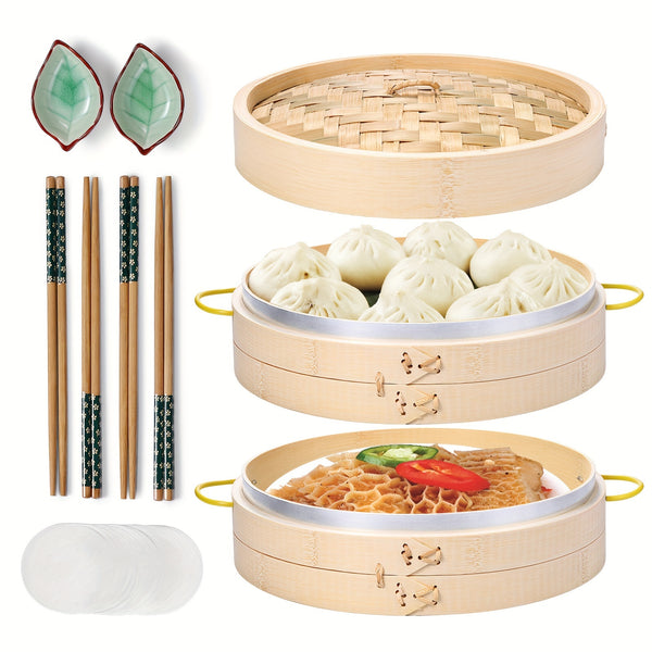 10-Inch Large Bamboo Steamer Basket Set - Premium Cooking Essentials for Dim Sum, Dumplings, Buns, Seafoods, and Rice - Includes Side Handles, Chopsticks, Ceramic Sauce Dishes, Paper Liners, and Easy Cleanup Design