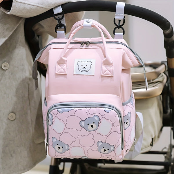 Fashion-Forward Moms Backpack - Ultra-Lightweight, Waterproof, & Spacious with Adorable Bear Design - Perfect for On-the-Go, Includes Stroller Attachment